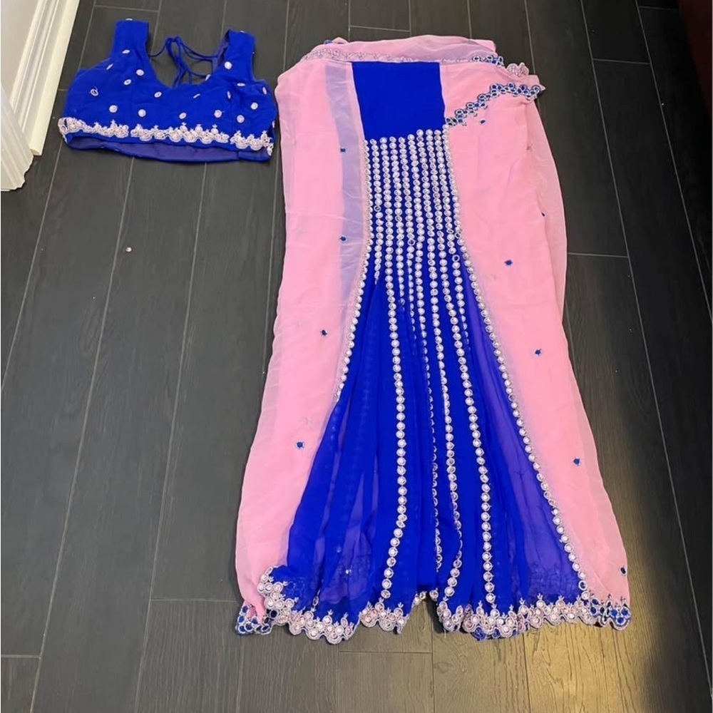 Blue & Blush Pink Embellished Saree with Ready-Made Blouse - Picture 2 of 9